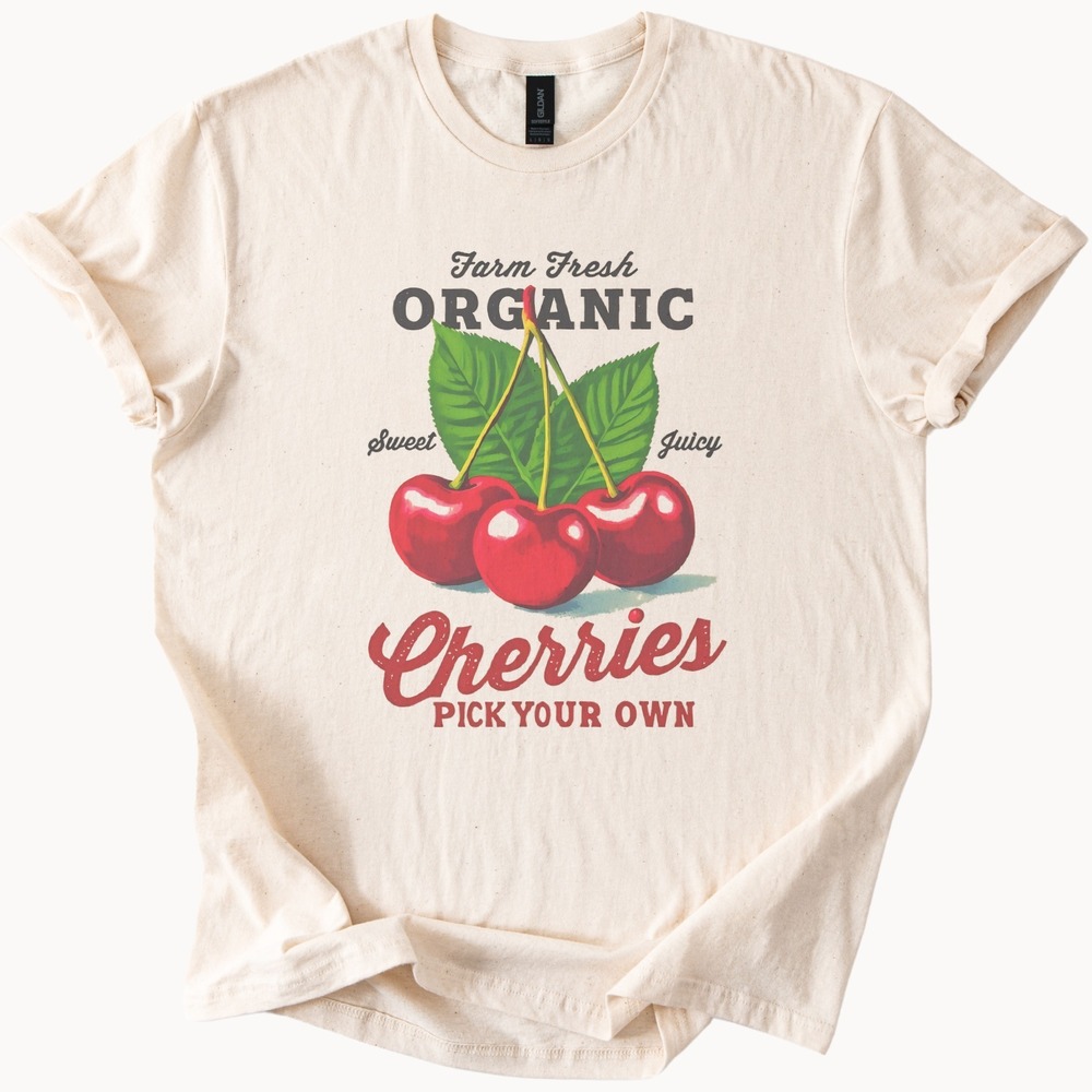 Farm Fresh Cherries Graphic Tee Natural Illustrated Fruit Art